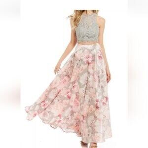 JODI KRISTOPHER 2-PIECE BALL GOWN DRESS SET FLORAL SILVER-GRAY ROSE PINK SIZE 7